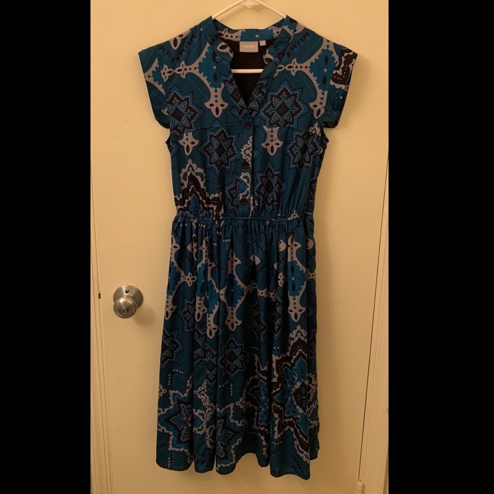 eShakti Tile Print Crepe Belted Shirtdress